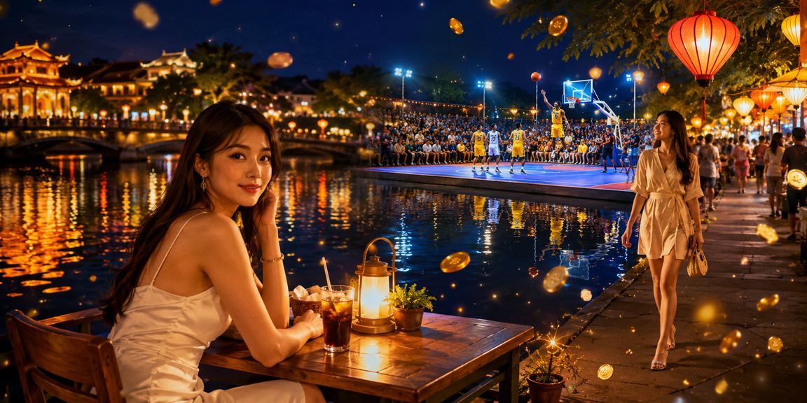 Người dùng tại Huế đọc thông tin bóng rổ và điều hướng k87 bên ly cà phê